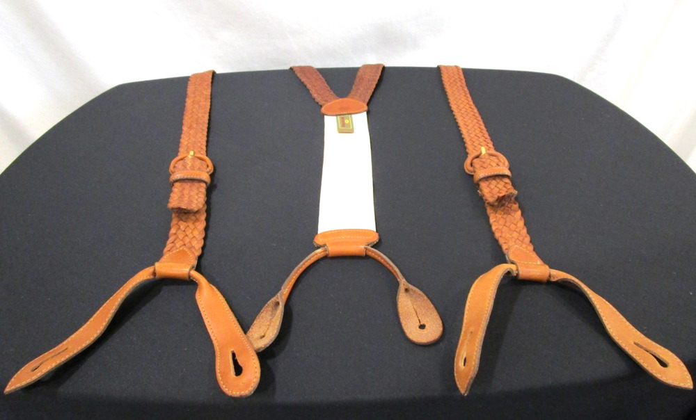 VTG Trafalgar Brown Braided Leather Y Back Button Suspenders